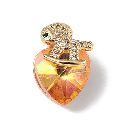Orange Real 18K Gold Plated Rack Plating Brass Micro Pave Clear Cubic Zirconia Pendants, with Glass, Long-Lasting Plated, Cadmium Free & Lead Free, Horse & Heart Charm, Orange, 17.5x12x10mm, Hole: 2x4mm