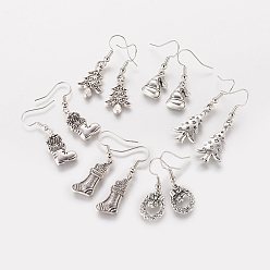 Antique Silver Alloy Dangle Earrings, Christmas Mixed Shaped, Antique Silver, 32~41mm, 16~26x10~14x2~3mm, Pin: 0.6mm