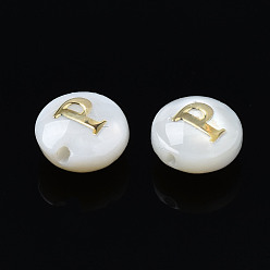 Letter P Natural Freshwater Shell Beads, with Golden Plated Brass Etched Metal Embellishments, Flat Round with Letter, Seashell Color, Letter.P, 6x4mm, Hole: 0.8mm