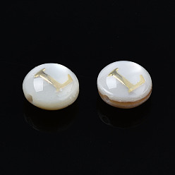 Letter L Natural Freshwater Shell Beads, with Golden Plated Brass Etched Metal Embellishments, Flat Round with Letter, Seashell Color, Letter.L, 6x4mm, Hole: 0.8mm