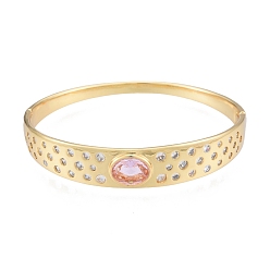Rose Nacré Jonc à charnière ovale en zircone cubique, bijoux en laiton plaqué or véritable 18k pour femmes, perle rose, diamètre intérieur: 2-1/8x2-3/8 pouce (5.3x6 cm)