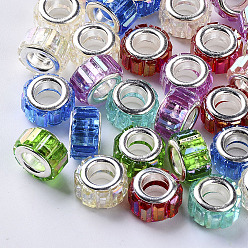 Mixed Color Transparent Resin European Beads, Large Hole Beads, with Silver Color Plated Double Brass Cores, Faceted, AB Color Plated, Column, Mixed Color, 10x6mm, Hole: 5mm
