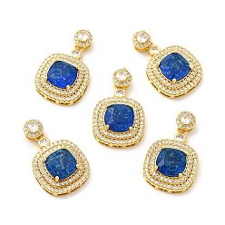 Blue Rack Plating Brass & Crushed Ice Cut Cubic Zirconia Pendants, with Rhinestone, Real 14K Gold Plated, Cadmium Free & Lead Free, Rounded Square Charm, Blue, 25x18.5x8mm, Hole: 2.5x4mm