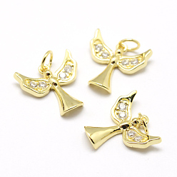 Real 18K Gold Plated Brass Micro Pave Grade AAA Cubic Zirconia Charms, Angel, Lead Free & Nickel Free & Cadmium Free, Real 18K Gold Plated, 14x14x2mm, Hole: 3mm