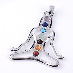 Colorful Natural & Synthetic Gemstone Big Pendants, with Alloy Findings, Platinum, Chakra Pendants, Human, Colorful, 52x45x3mm, Hole: 4x6mm