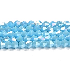 Deep Sky Blue Opaque Solid Color Electroplate Glass Beads Strands, AB Color Plated, Faceted, Bicone, Deep Sky Blue, 4x4mm, Hole: 0.8mm, about 87~98pcs/strand, 12.76~14.61 inch(32.4~37.1cm)