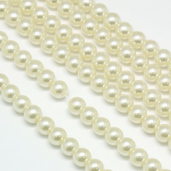 Beige Brins de perles rondes en verre teinté écologique, Grade a, cordon en coton fileté, beige, 14mm, Trou: 0.7~1.1mm, Environ 30 pcs/chapelet, 15 pouce