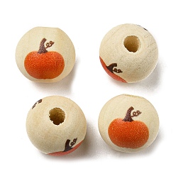 Citrouille Perles européennes en bois d'automne, perles imprimées à gros trous, ronde, citrouille, 16mm, Trou: 4mm