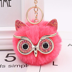 Cerise Pom Pom Ball Keychain, with KC Gold Tone Plated Alloy Lobster Claw Clasps, Iron Key Ring and Chain, Owl, Cerise, 12cm