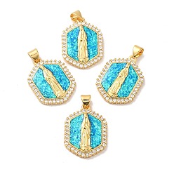Real 18K Gold Plated Rack Plating Brass Micro Pave Cubic Zirconia Pendants, with Synthetic Opal, with Jump Ring, Lead Free & Cadmium Free, Long-Lasting Plated, Hexagon with Saint, Real 18K Gold Plated, 23.5x17.5x3.6mm, Hole: 5x3.6mm