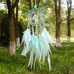 Feather Natural Green Aventurine Woven Web/Net with Feather Pendant Decorations, with Wood Beads, Covered with Cotton Lace and Villus Cord, 400x70mm