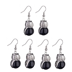 Obsidian Natural Obsidian Owl Dangle Earrings, Platinum Brass Jewelry for Women, 41mm, Pin: 0.6mm