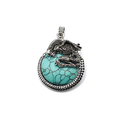 Synthetic Turquoise Synthetic Turquoise Dyed Pendants, Flat Round Charms with Skeleton, with Antique Silver Plated Metal Findings, 40x35mm