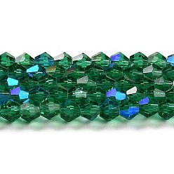 Teal Transparent Electroplate Glass Beads Strands, AB Color Plated, Faceted, Bicone, Teal, 4x4mm, Hole: 0.8mm, about 87~98pcs/strand, 12.76~14.61 inch(32.4~37.1cm)