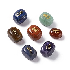 Pierre Mélangete 7 pcs 7 styles perles de pierres précieuses mélangées naturelles, pas de trous / non percés, cuboïde avec motif chakra, mélangé teint et non teint, 16~18x11~12x8~12mm