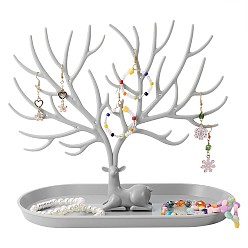 Gris Clair Support organisateur de bijoux, porte-arbre en bois de renne, avec plateau présentoir à bijoux, pour le stockage de bijoux de décoration à la maison (blanc), gris clair, 12x24x1.6 cm