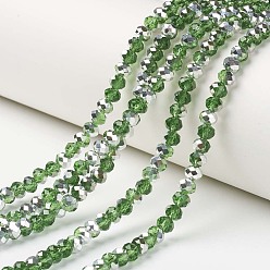 Зеленый лайм Гальванизируйте прозрачное стекло бисер нитей, с половиным покрытием серебряным, граненые, рондель, зеленый лайм, 2.5x2 мм, отверстие : 0.4 мм, около 199 шт / нитка, 13.4 дюйм (34 см)