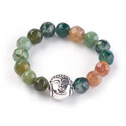 Indian Agate Natural Indian Agate Stretch Rings, with Alloy Buddha Beads, Faceted, Round, Antique Silver, Size 8, 18mm