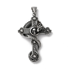 Antique Silver 304 Stainless Steel Big Pendants, Cross with Dragon & Skull Charms, Antique Silver, 55x36x12mm, Hole: 9x5mm.
