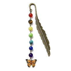 Gold Butterfly Alloy Enamel Pendant Bookmark with Chakra Gemstone Bead, Alloy Feather Bookmarks, Gold, 140x14.5x3.5mm