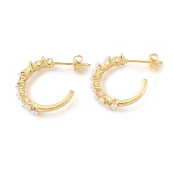 Real 18K Gold Plated Plastic Pearl Beaded C-shape Stud Earrings with Clear Cubic Zirconia, Rack Plating Brass Half Hoop Earrings for Women, Cadmium Free & Lead Free, Real 18K Gold Plated, 20.5x19.5x4.5mm, Pin: 0.8mm