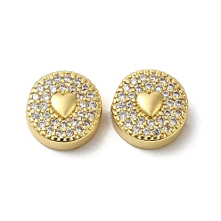 Real 18K Gold Plated Rack Plating Brass Micro Pave Cubic Zirconia Beads, Long-Lasting Plated, Lead Free & Cadmium Free, Flat Round with Heart, Real 18K Gold Plated, 12x4.8mm, Hole: 1.8mm