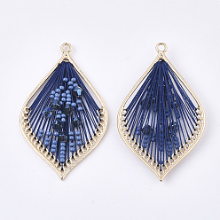 Marine Blue Polyester Thread Woven Big Pendants, with Glass and Golden Plated Alloy Findings, Long-Lasting Plated, Leaf, Marine Blue, 55.5x34x4mm, Hole: 2mm