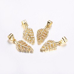 Real 18K Gold Plated Long-Lasting Plated Brass Micro Pave Cubic Zirconia Pendants, Hollow Leaf, Real 18K Gold Plated, 17x7.5x1.5mm, Hole: 3.5mm