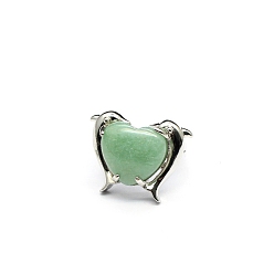 Green Aventurine Natural Green Aventurine Heart Adjustable Rings, Platinum Brass Ring, US Size 8(18.1mm)