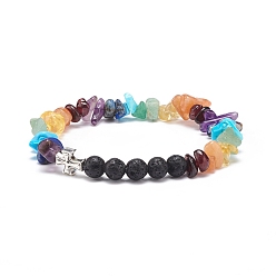 Mixed Stone Natural & Synthetic Mixed Stone Chips & Lava Rock & Alloy Cross Stretch Bracelets, 7 Chakra Jewelry for Women, Inner Diameter: 2 inch(5.05cm)