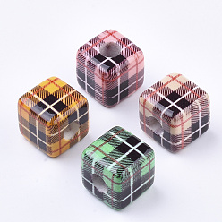 Mixed Color Printed Resin Beads, Plaid Beads, Large Hole Beads, Plaid Beads, Cube with Tartan Pattern, Mixed Color, 19.5x19.5x19.5mm, Hole: 7.5mm