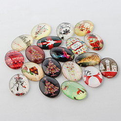Mixed Color Festival Christmas Theme Xmas Ornaments Decorations Glass Oval Flatback Cabochons, Mixed Color, 25x18x6mm