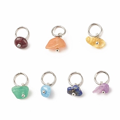 Stainless Steel Color 7Pcs 7 styles Natural Stone Charms, Natural Garnet & Red Aventurine & Green Aventurine & Amethyst & Citrine & Aquamarine & Lapis Lazuli, with 304 Stainless Steel Jump Ring, Nuggets, Stainless Steel Color, 14mm, 1pc/style