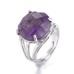 Amethyst Adjustable Faceted Natural Amethyst Rings, with Platinum Brass Findings, Flat Round, Size 8, Inner Diameter: 18mm