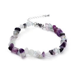 Fluorite Natural Fluorite Chip Beaded Bracelets, with Platinum Plated Brass Chain Extender and 304 Stainless Steel Lobster Claw Clasps, 7-7/8 inch(20cm)