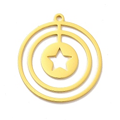 Doré  Pendentifs en acier inoxydable, plat et circulaire avec étoile, or, 201mm, Trou: 29.5x27x1mm