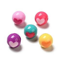 Mixed Color Two Tone Opaque Acrylic Beads, Round with Heart, Mixed Color, 11.5mm, Hole: 2.2mm, about 526pcs/500g