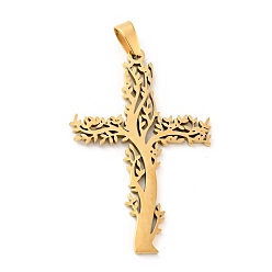 Золотой 201 подвески из нержавеющей стали, крест с деревом, золотые, 47x31.5x2 мм, отверстие : 6.5x4 мм