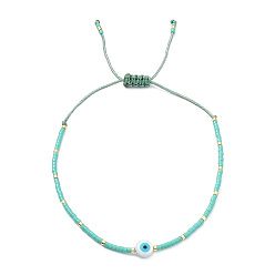 Turquoise Bracelet réglable en perles miyuki graine et résine mauvais œil tressé pour femme, turquoise, diamètre intérieur: 1-3/4~2-3/4 pouce (4.4~7.1 cm)
