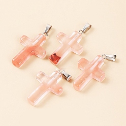 Other Quartz Synthetic Red Quartz Pendants, Religion Cross Charms with Platinum Tone Metal Snap on Bails, 25x18x4mm