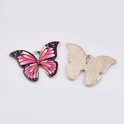 Deep Pink Printed Alloy Pendants, with Enamel, Butterfly, Light Gold, Deep Pink, 15.5x22x2mm, Hole: 1.8mm