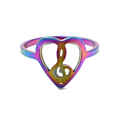 Rainbow Color Ion Plating(IP) 201 Stainless Steel Heart with Music Note Finger Ring, Valentine's Day Jewelry for Women, Rainbow Color, US Size 6(16.5mm)