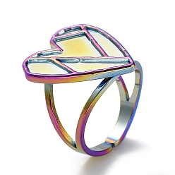 Rainbow Color Ионное покрытие (IP) 304 Компоненты открытого манжетного кольца из нержавеющей стали, настройки кольца чашки безеля, сердце, Радуга цветов, внутренний диаметр: 16.6 мм