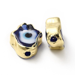 Azul de Medianoche Hechos a mano de los granos del lampwork del ojo malvado, con borde de latón chapado en oro, larga duración plateado, hamsa mano, azul medianoche, 15~17x11.5~12.5x5~5.5 mm, agujero: 1.8 mm