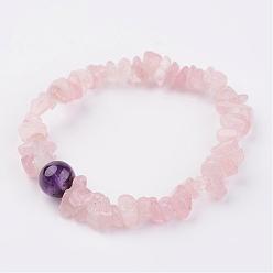 Quartz Rose Naturel a augmenté de bracelets élastiques de quartz, avec des perles améthyste, 1-7/8 pouces (48 mm)