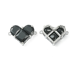 Black Brass Pave Cubic Zirconia Connector Charms, Heart Links, Real Platinum Plated, Black, 18.5x26x7.5mm, Hole: 1.6mm
