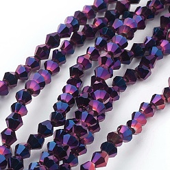 Purple Electroplate Glass Beads Strands, Full Plated, Faceted, Bicone, Purple, 3.5x3mm, Hole: 1mm, about 128~135pcs/strand, 13.8