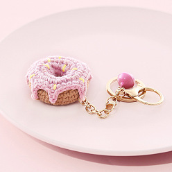 Donut Вязаный крючком пищевой брелок из хлопка, с железными кольцами для ключей, застежками-карабинами и колокольчиком, пончик, 13x4.8 см