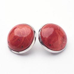 Piedra Roja Pendientes de clip de latón jaspe rojo natural, plano y redondo, Platino, 14~15x12~13 mm