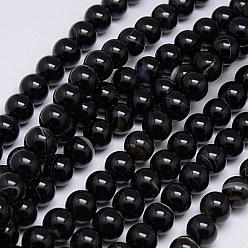 Black Natural Striped Agate/Banded Agate Beads Strands, Dyed, Round, Black, 10mm, Hole: 1.2mm, about 38pcs/strand, 15.75 inch